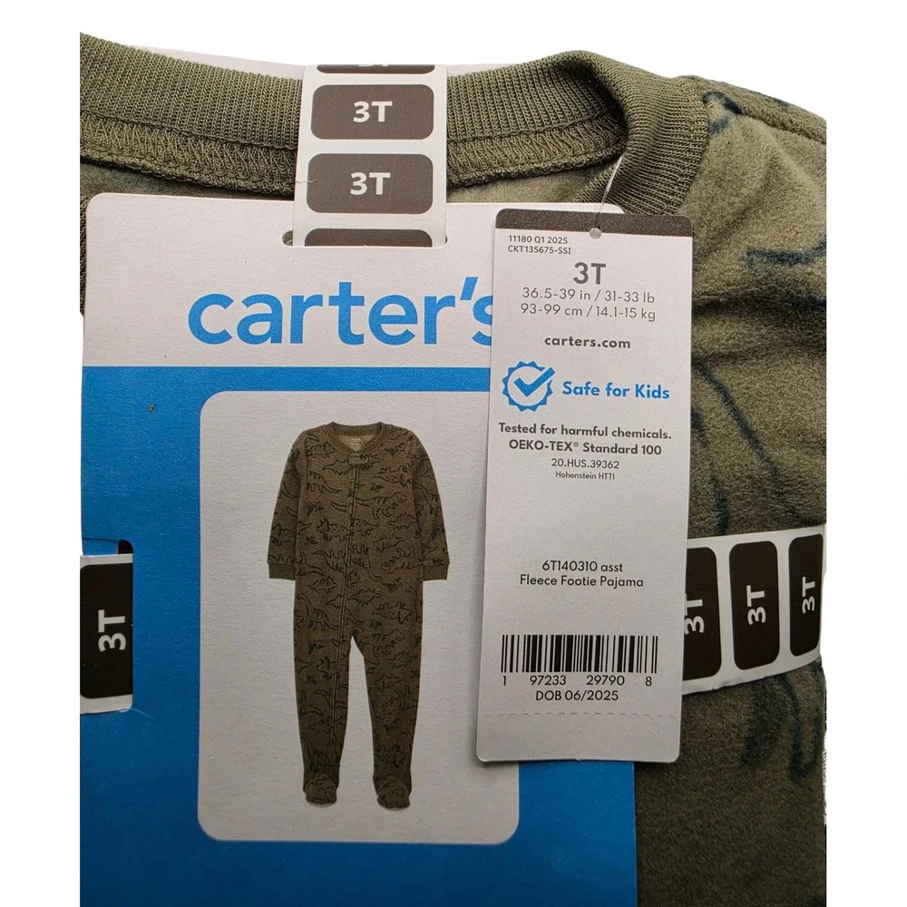Carters Toddler Boys Fleece Footie Pajama Olive Green Dinosaur Print 3T